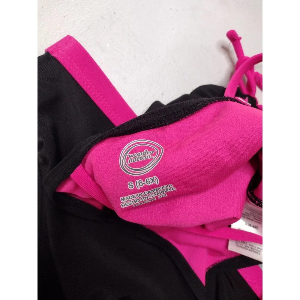 Wonder Nation Girls Black Hot Pink Cinch Side Tankini Swimsuit Set Size S 6-6X